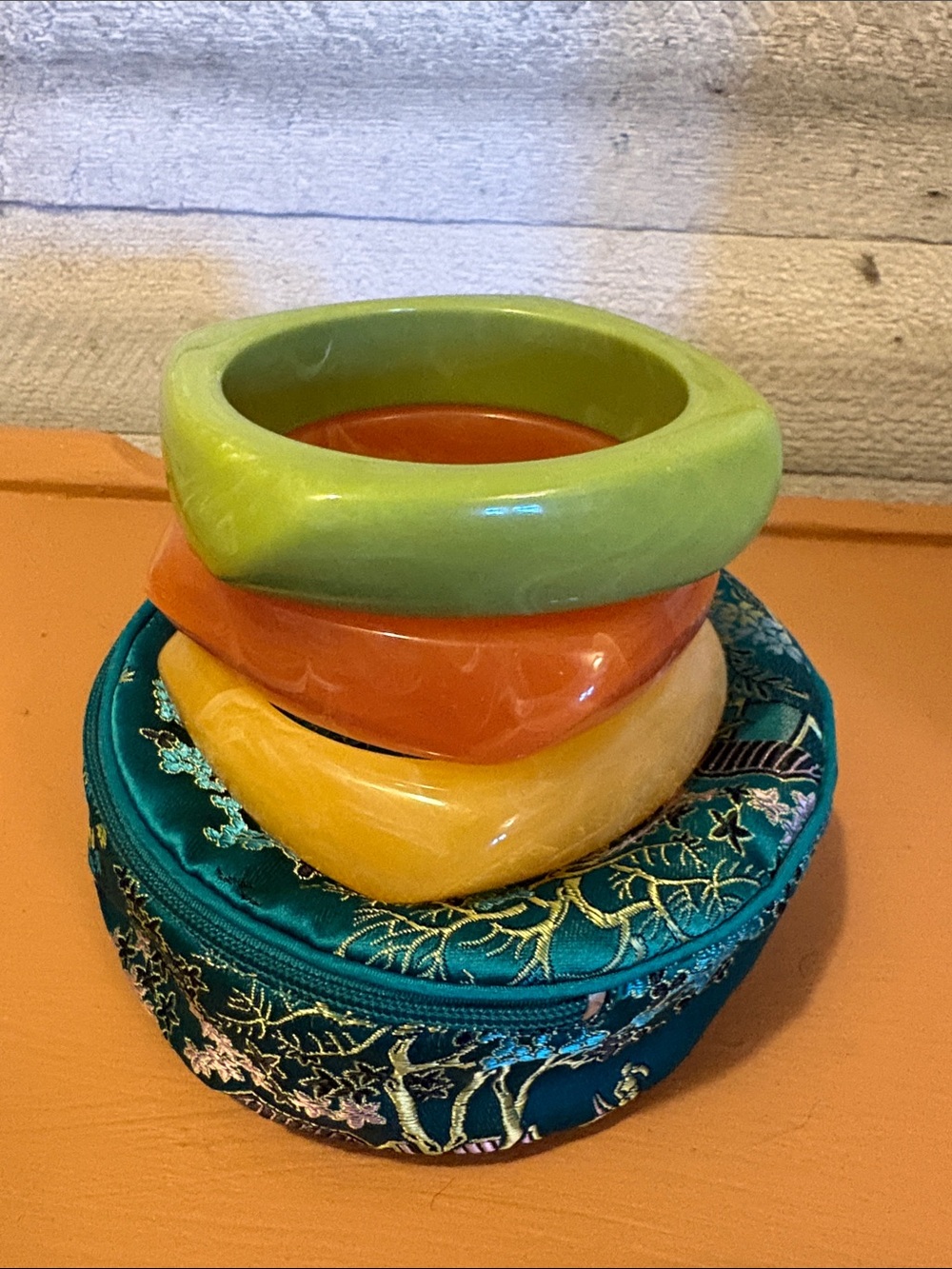Set of Three Chunky Resin Bangle Bracelets in Lime Green, Coral, and Marigold
